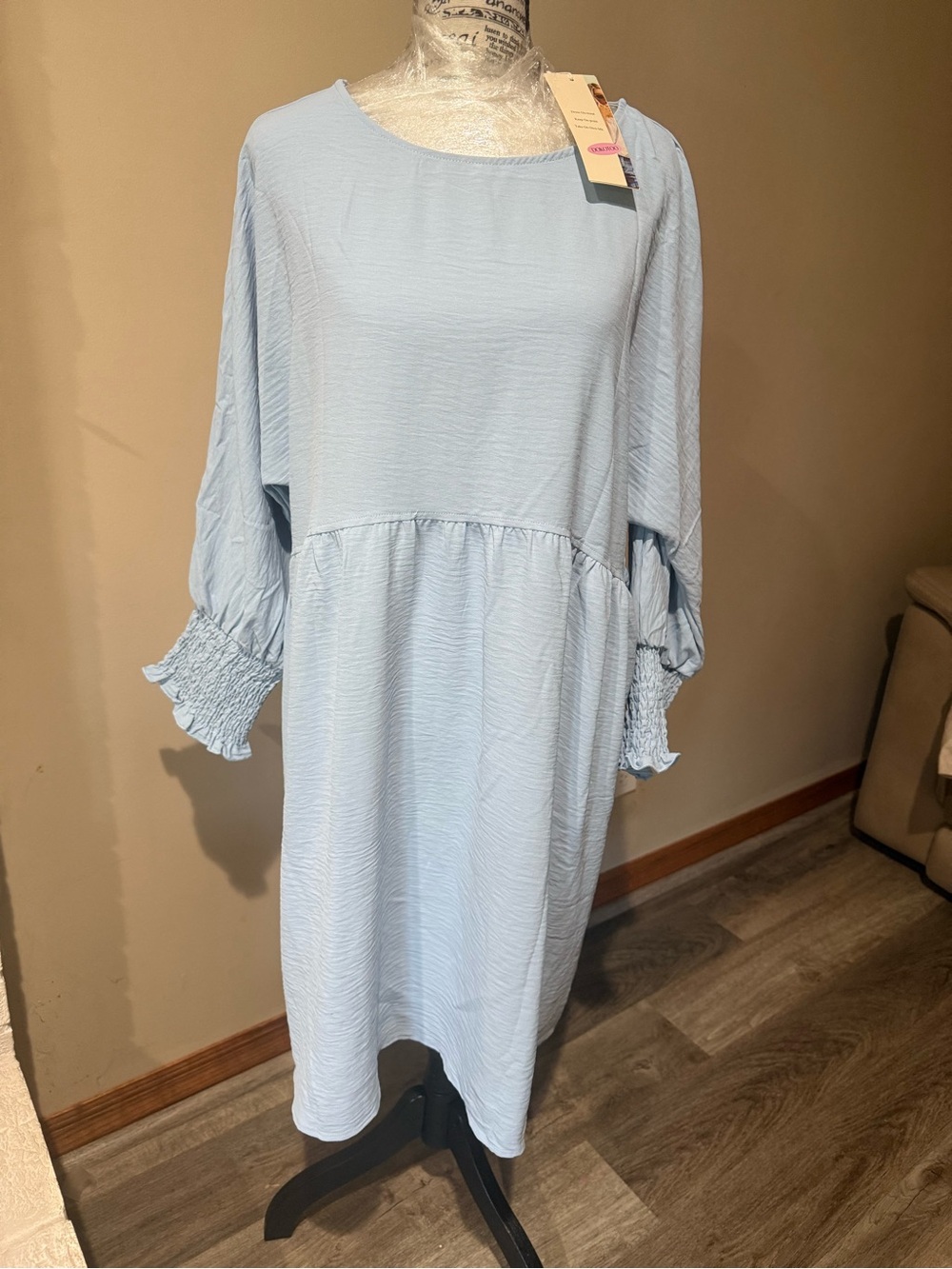 Women's Light Blue Smocked Cuff Long Sleeve Midi Dress